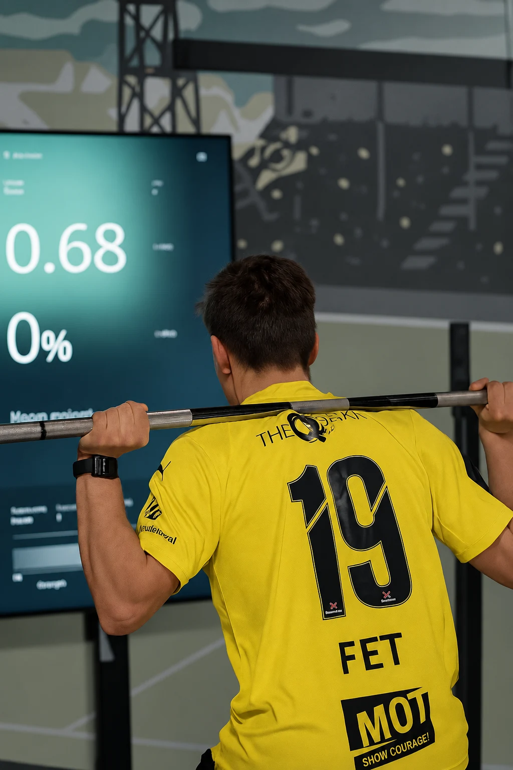 An athlete in a yellow shirt performs a barbell squat in front of the Alphatek display.