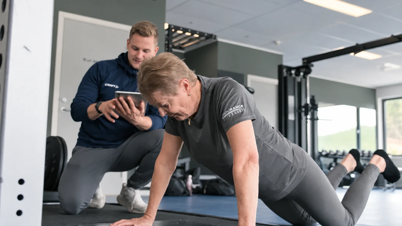 A trainer guides a participant through exercises and reviews the result with them.