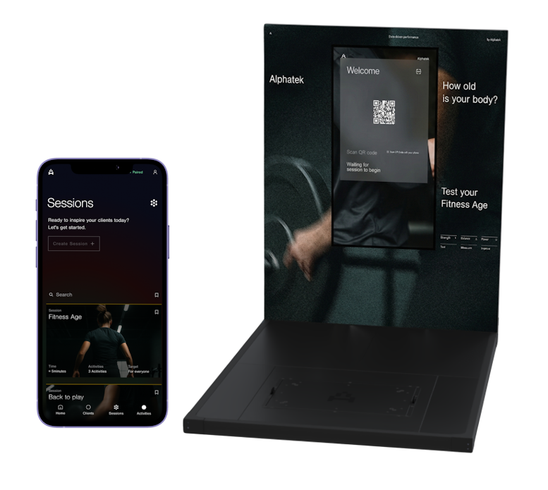 The Alphatek platform beside a phone showing a session screen.